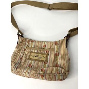 Vintage Fossil Crossbody Bag Canvas Leather Purse Floral Striped Adjustable Y2K
